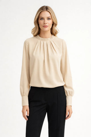 Elegant Pleated High Neck Blouse – Puff Sleeve Relaxed Fit Top