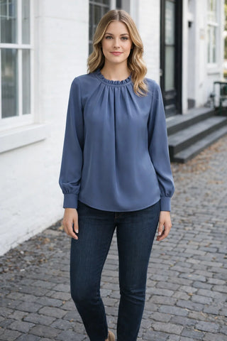 Elegant Pleated High Neck Blouse – Puff Sleeve Relaxed Fit Top