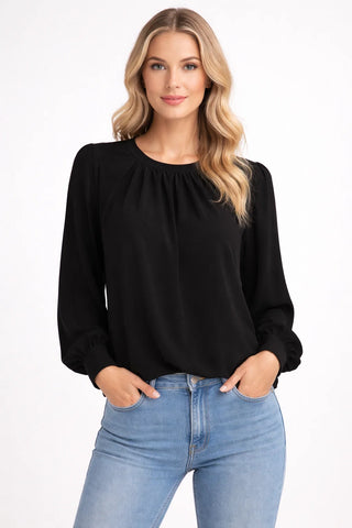 Elegant Pleated High Neck Blouse – Puff Sleeve Relaxed Fit Top