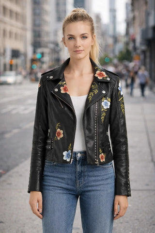Iris – Embroidered Floral Leather Jacket for Women